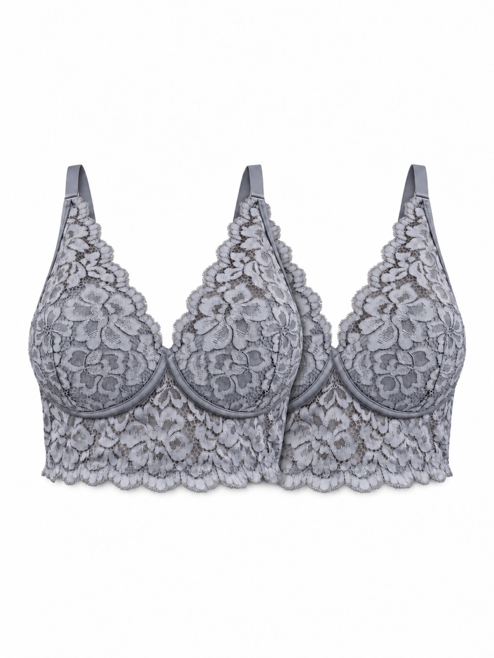 Maidenform DM1168 Wireless Longline Bra 36B Gray Floral Lace Padded Bralette X2